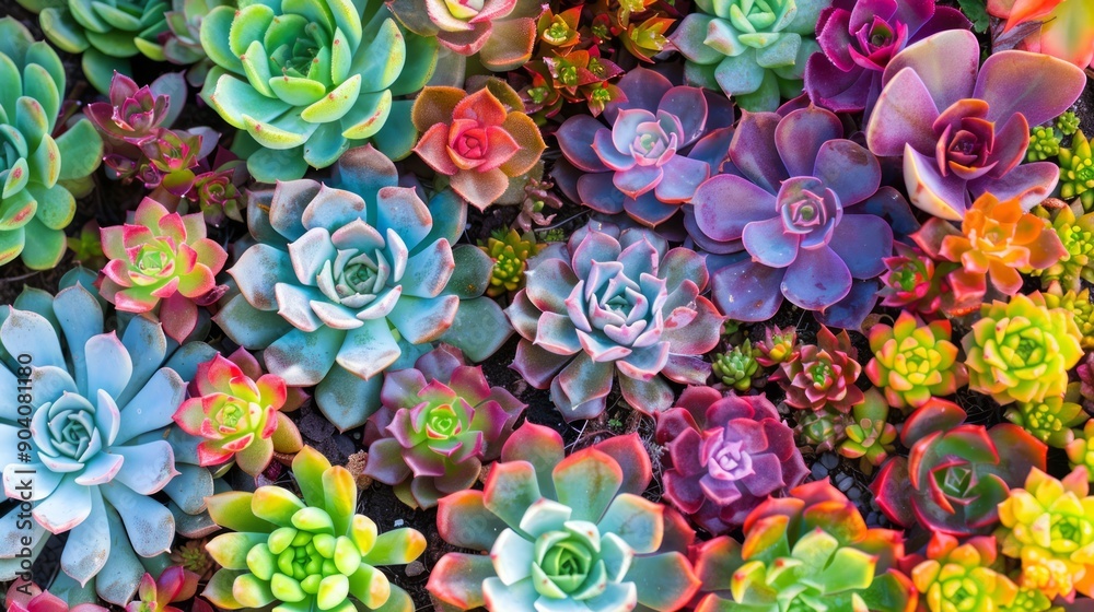 Vibrant succulent plants in a desert garden, blooming and lush, creating a mesmerizing display of natural beauty. Intricate patterns and textures make it ideal for botanical projects.