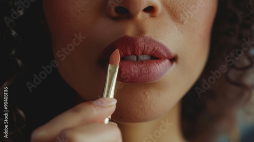 Close-up of a woman holding a lipstick brush near her lips, preparing to apply. photo