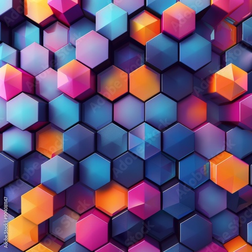 Vibrant hexagonal pattern featuring vivid colors and geometric shapes, perfect for backgrounds and modern designs.