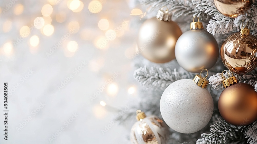 Modern Christmas background with sleek, metallic ornaments on a white tree Modern Christmas background with sleek, metallic ornaments on a white tree