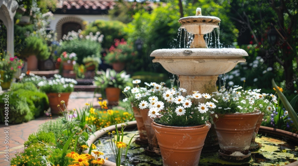 A charming backyard with flower pots filled with daisies and lilies around a garden fountain. A charming backyard with flower pots filled with daisies and lilies around a garden fountain.