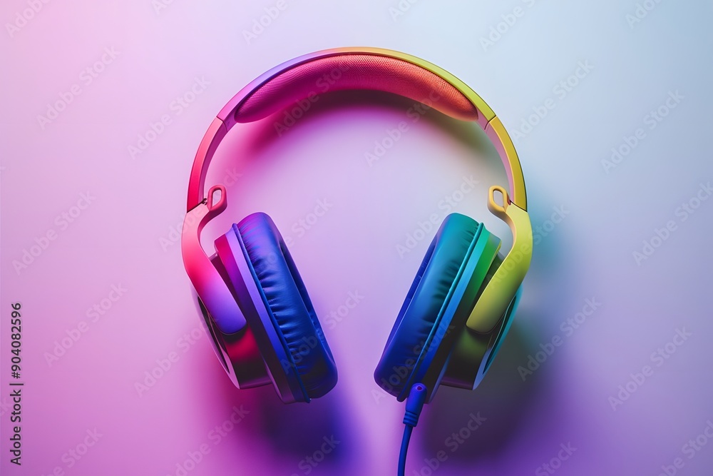 Stylish modern headphones with earmuffs on color background, top view
Stylish modern headphones with earmuffs on color background, top view
