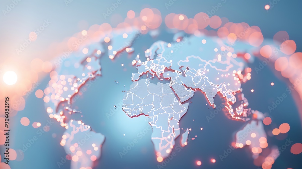 Fototapeta premium Illuminated World Map with Geometric Borders, highlighting geographical regions through a blend of vibrant colors and soft glowing lights, creating a modern visual effect.