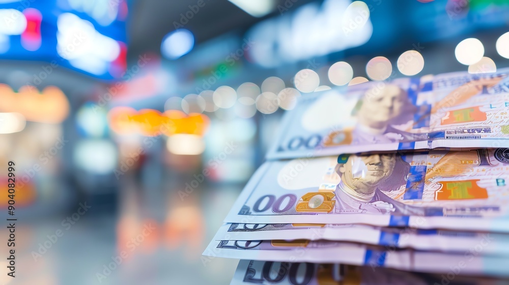 Currency display in a bustling urban setting, colorful lights softly blurred in background, highlighting financial exchange activity and economic vibrancy. Currency display in a bustling urban setting, colorful lights softly blurred in background, highlighting financial exchange activity and economic vibrancy.