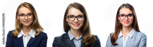 Set of Portraits of beautiful businesswomen with glasses on transparent background. Beauty and fashion concept.