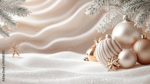 Golden Glow of Christmas: Elegant ivory and gold ornaments nestled in shimmering snow, framed by frost-dusted fir branches, evoke a luxurious and serene holiday mood. 
