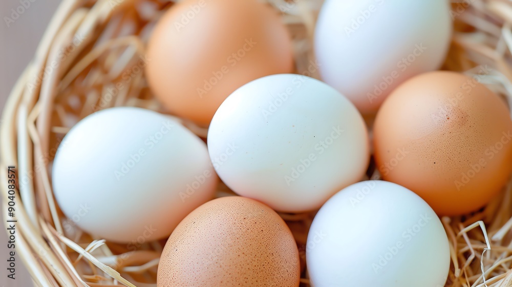 Fresh and Natural, a basket filled with assorted eggs, showcasing a blend of white and brown shells resting on a bed of straw, symbolizing farm-fresh produce. Fresh and Natural, a basket filled with assorted eggs, showcasing a blend of white and brown shells resting on a bed of straw, symbolizing farm-fresh produce.
