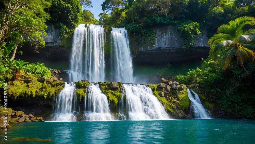 Waterfall landscape beautiful water falling on mountains in tropical forest. Ai Generative. Waterfall landscape beautiful water falling on mountains in tropical forest. Ai Generative.