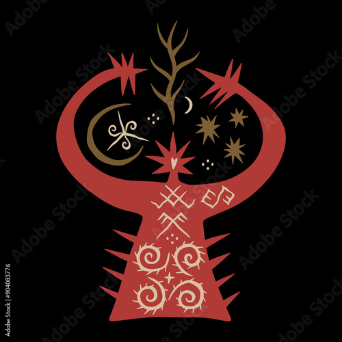 Cartoon ethnic abstract red goddess, boho mythology character mascot groovy whimsical flat art. Doodle stellar celestial cute astronomy and astrology details. Hand-drawn solstice Midsommar Litha