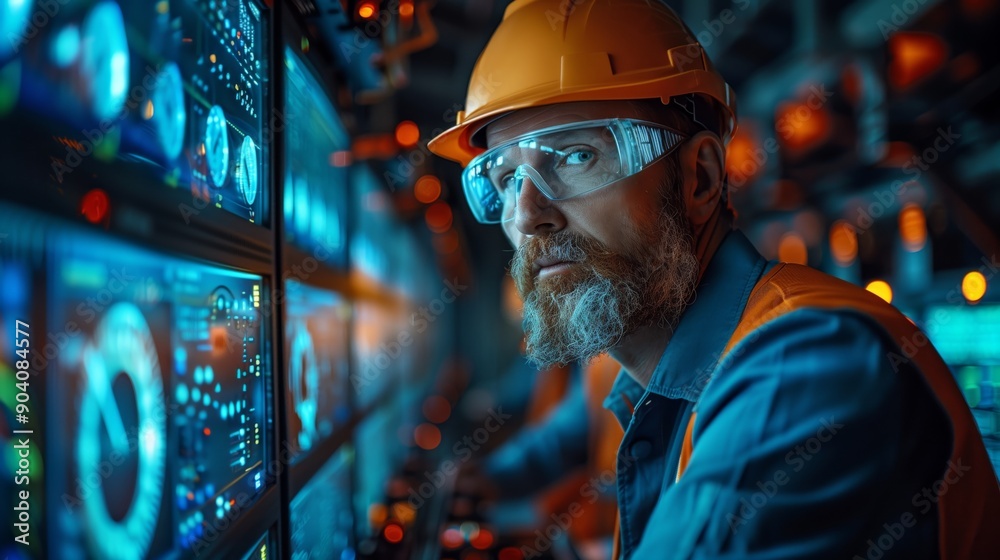 Engineer Monitoring Hydroelectric Control Systems. Engineer closely monitoring control systems in a hydroelectric plant, highlighting the precision and attention to detail required. Engineer Monitoring Hydroelectric Control Systems. Engineer closely monitoring control systems in a hydroelectric plant, highlighting the precision and attention to detail required.