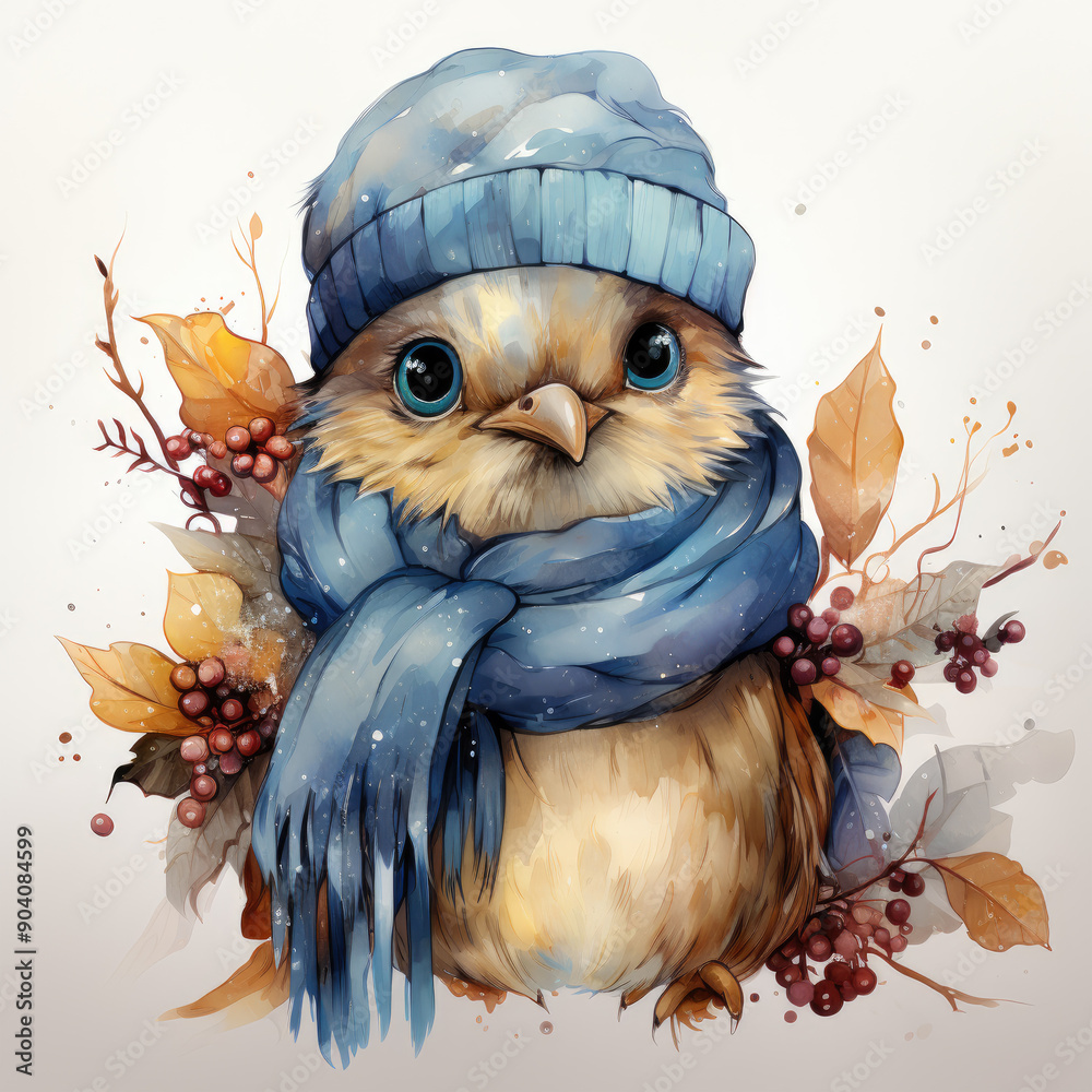 Obraz premium Watercolor winter bird, clipart Illustration, Generative Ai