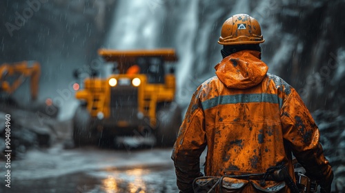 Worker Overseeing Hydroelectric Project in Rain. Worker oversees a hydroelectric project during rain, emphasizing the challenging conditions faced in renewable energy projects.