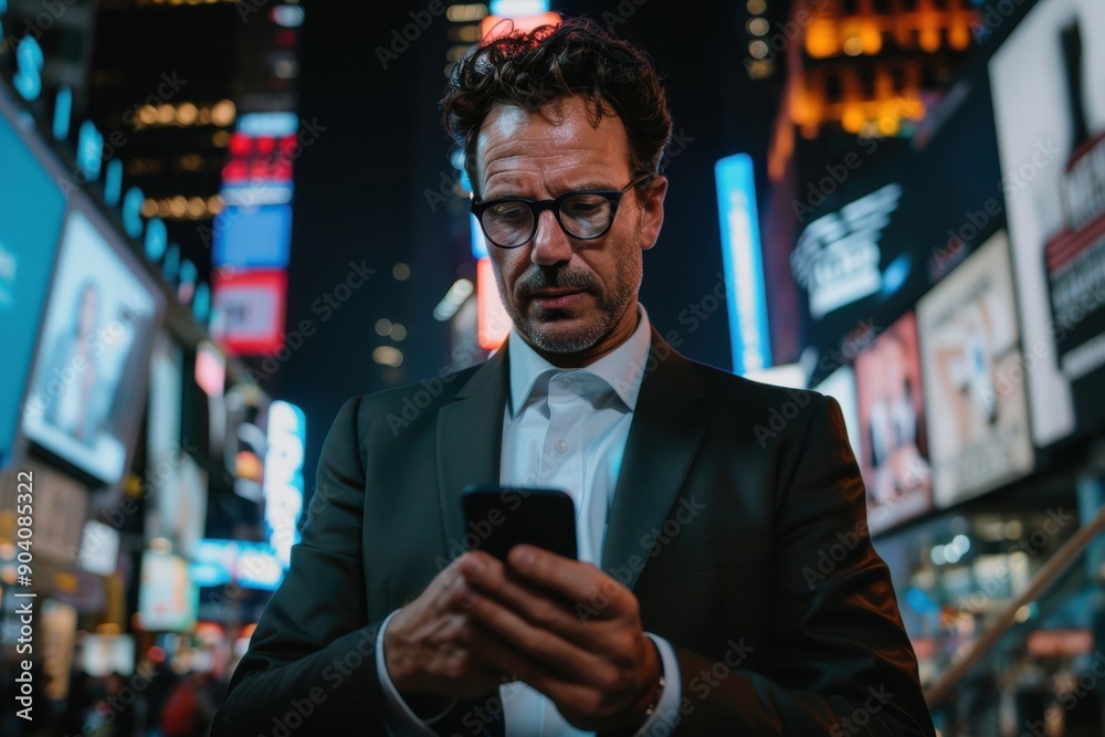 A man with glasses checks his phone in a neon-lit street at night, reflecting a modern urban setting filled with technology, advertisements, and city life vibrance. A man with glasses checks his phone in a neon-lit street at night, reflecting a modern urban setting filled with technology, advertisements, and city life vibrance.