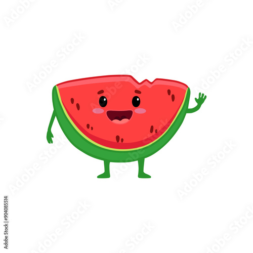 Cute watermelon character isolated on white background. Cartoon fruit, slice of watermelon. Vector illustration