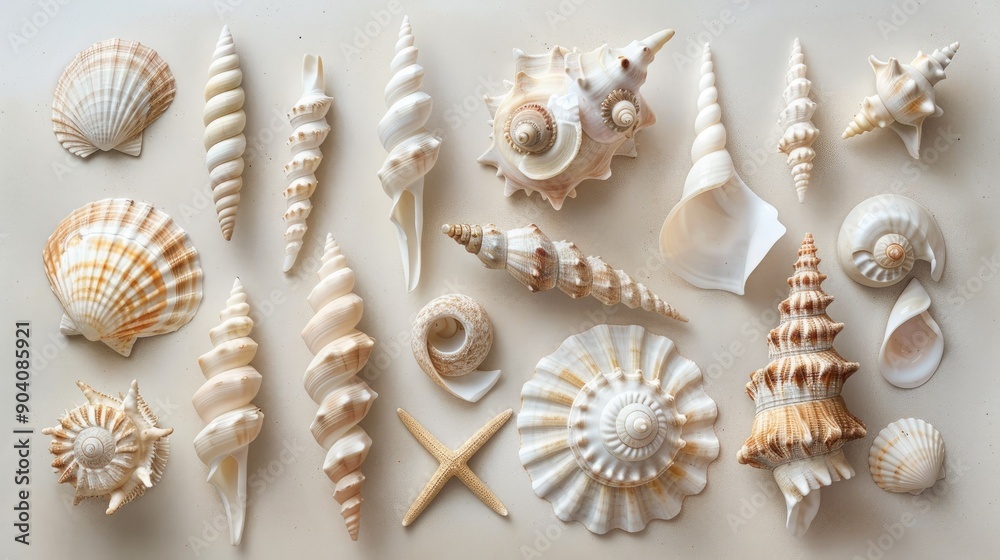 A close-up of a collection of seashells with diverse shapes and textures, arranged in an artistic flat lay on a light surface. A close-up of a collection of seashells with diverse shapes and textures, arranged in an artistic flat lay on a light surface.