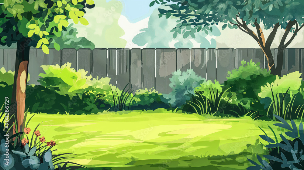 Obraz premium Wooden garden fence at backyard with green grass and trees