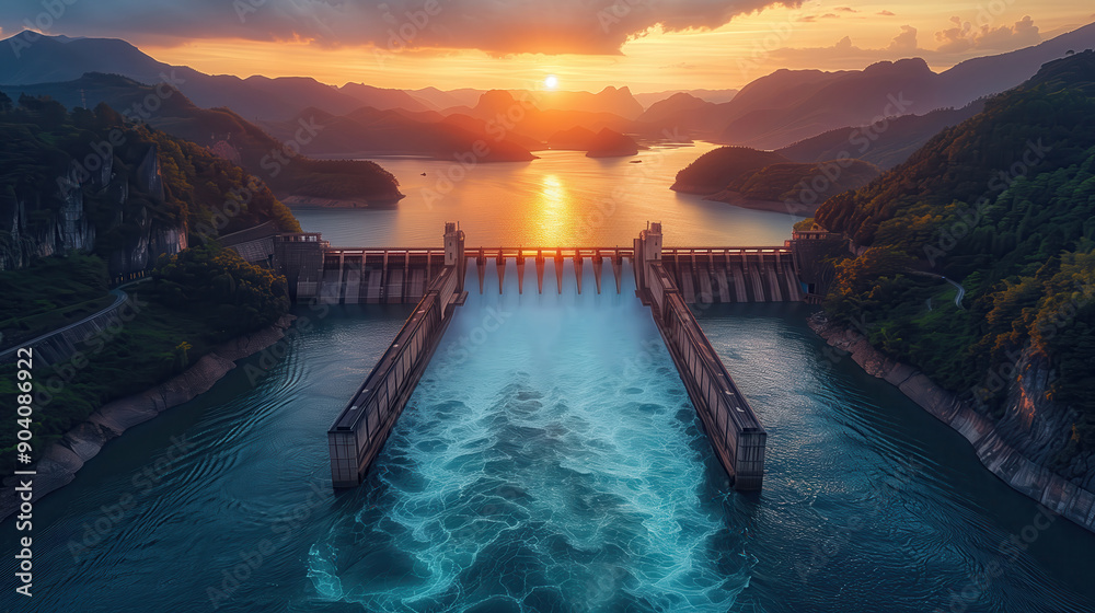 Aerial View of Hydroelectric Dam and Reservoir at Sunset. Aerial view of a hydroelectric dam and reservoir at sunset, surrounded by lush mountains and serene water, showcasing the harmony between natu Aerial View of Hydroelectric Dam and Reservoir at Sunset. Aerial view of a hydroelectric dam and reservoir at sunset, surrounded by lush mountains and serene water, showcasing the harmony between natu