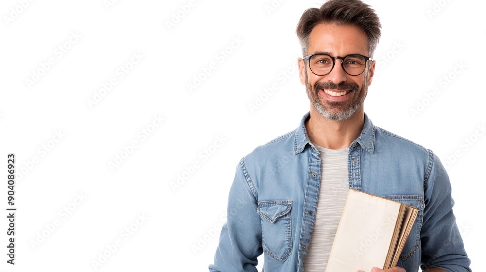 Smiling Teacher in Glasses Holding Book Isolated on White Background Smiling Teacher in Glasses Holding Book Isolated on White Background