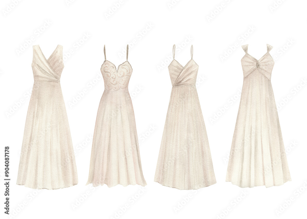 Watercolor wedding dress collection. Hand drawn isolated illustration on white background Watercolor wedding dress collection. Hand drawn isolated illustration on white background