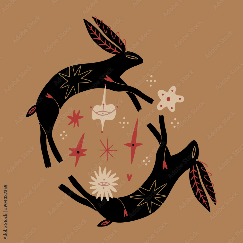 Cartoon ethnic mascot boho black rabbits couple funny groovy whimsical ...