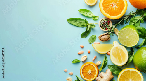 Fototapeta Naklejka Na Ścianę i Meble -  Fresh citrus fruits and herbs arranged beautifully on a light blue background for health benefits