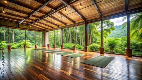 Serene surroundings of a deserted yoga retreat, tranquil atmosphere, lush greenery, wooden floor, and soft natural light exude peaceful ambiance.