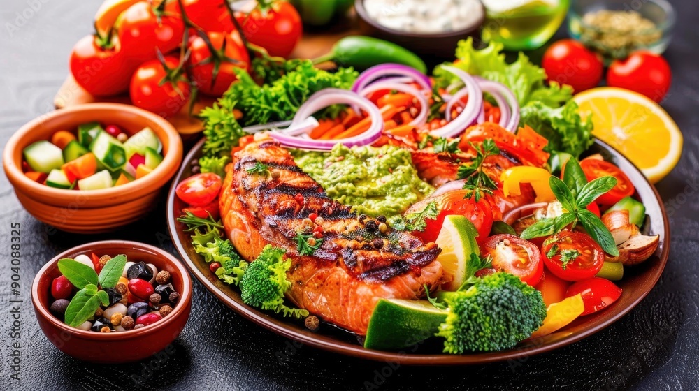 Delicious grilled salmon served with fresh vegetables and vibrant garnishes, showcasing a healthy and colorful meal. Delicious grilled salmon served with fresh vegetables and vibrant garnishes, showcasing a healthy and colorful meal.