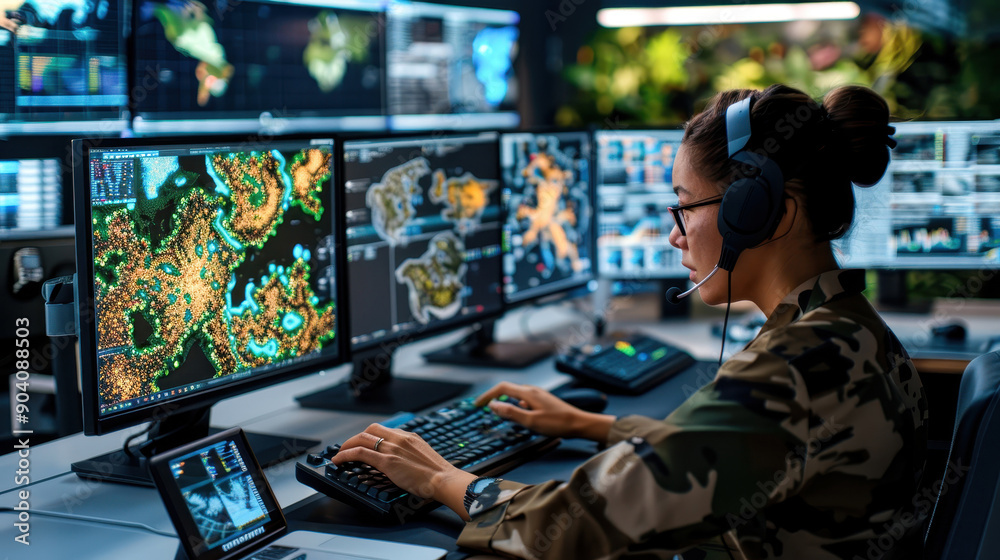 Focused military personnel analyzing complex data on multiple screens in a high-tech command center with advanced mapping technology. Focused military personnel analyzing complex data on multiple screens in a high-tech command center with advanced mapping technology.