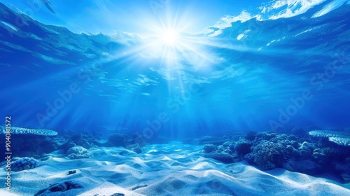 Sunlight filters through clear blue ocean water, illuminating the sandy sea floor and creating a serene underwater scene.