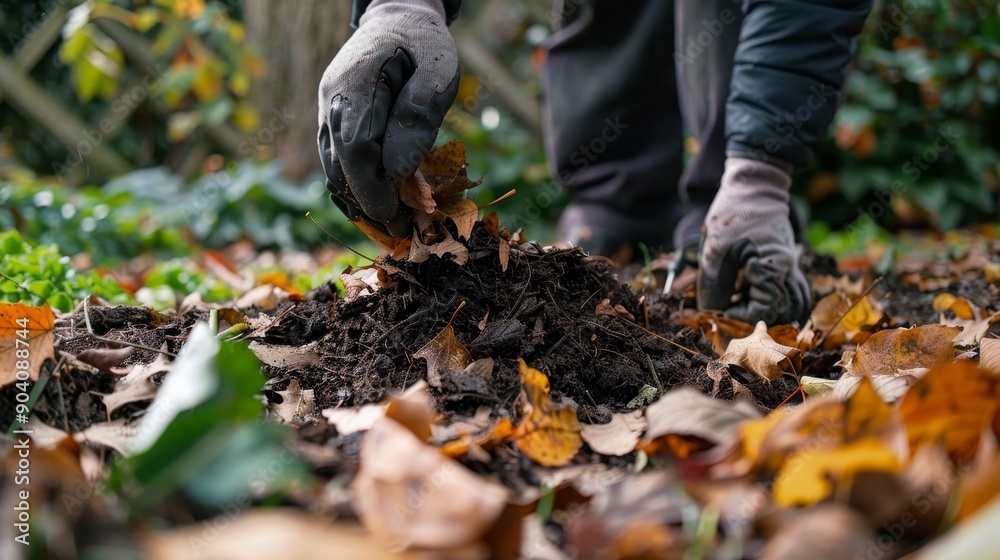 Realistic photo depicting leaf removal and composting process for eco friendly gardening