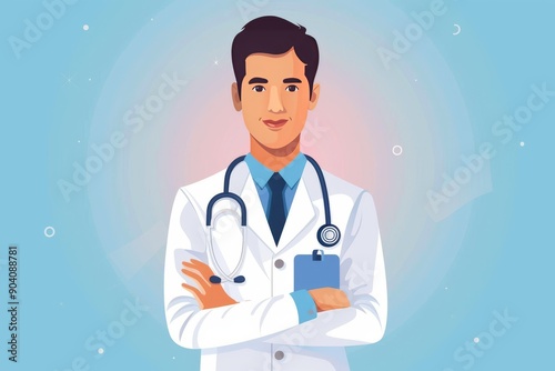 Smiling male doctor with folded arms representing healthcare medical expertise and professional care in a clean design