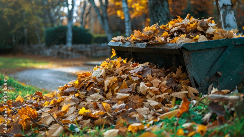 Realistic image of leaves being raked and composted in a backyard for eco friendly gardening Realistic image of leaves being raked and composted in a backyard for eco friendly gardening