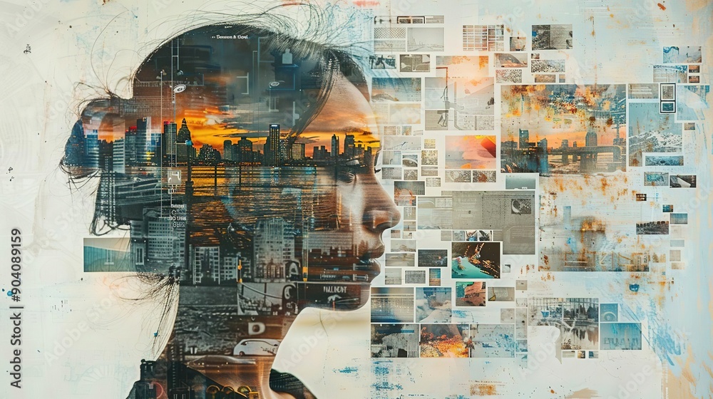 Fototapeta premium Abstract Collage of Woman, Cityscape, and Digital Elements Illustration