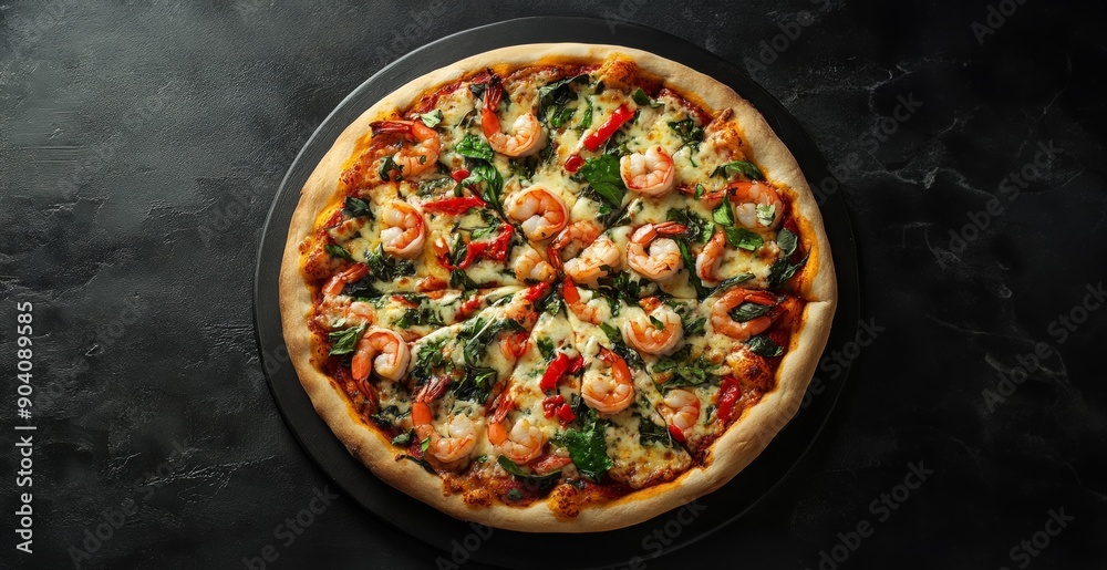 pizza with shrimp, top view, copy space, dark concrete background, sunlight pizza with shrimp, top view, copy space, dark concrete background, sunlight