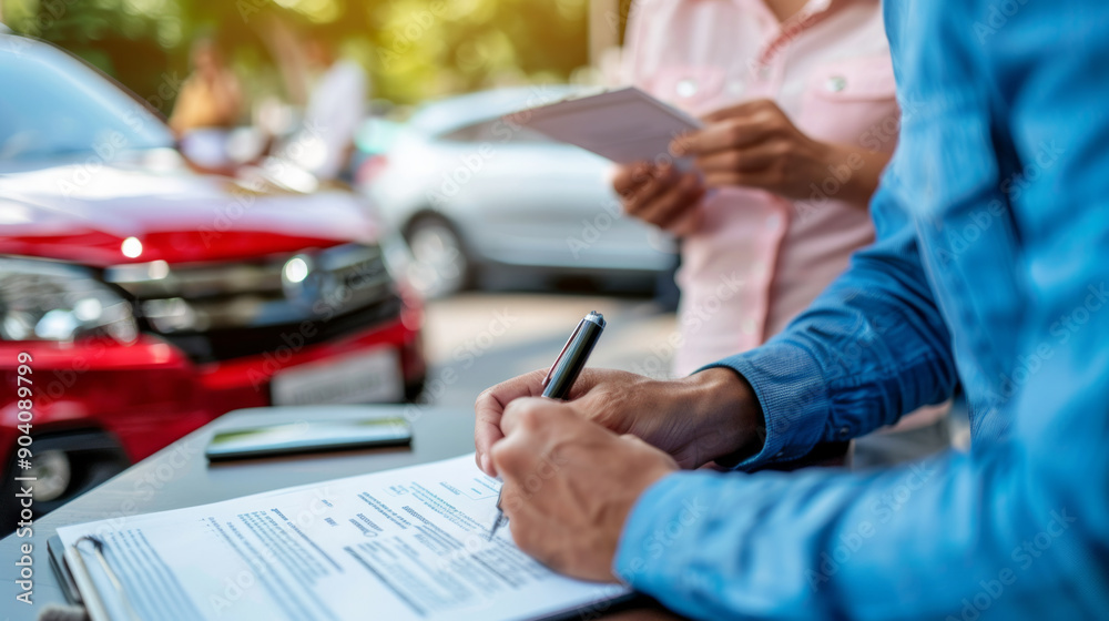 Fototapeta premium Customer signing paperwork for a new car purchase outside a dealership during daylight