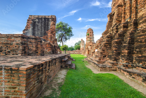 Beautiful historic buildings of Ayutthaya, octagonal pagodas in Wat Phra Mahathat, Thailand.