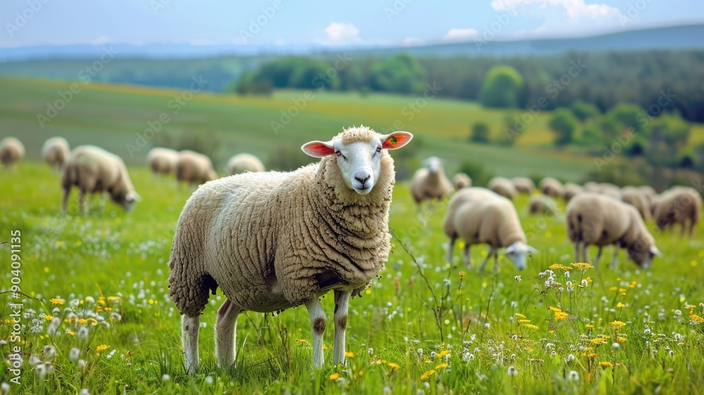 A field of sheep grazing, with plenty of space and natural surroundings, A field of sheep grazing, with plenty of space and natural surroundings,