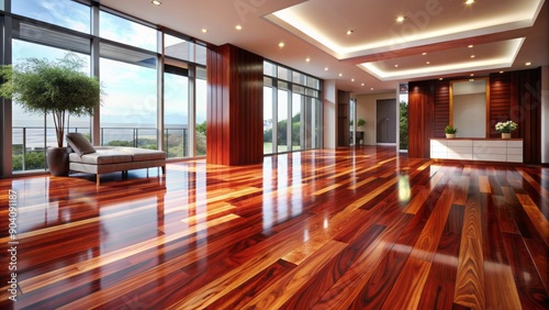 Luxurious warm-toned polished padauk wood flooring with intricate grain patterns and high-gloss finish in a modern minimalist interior setting.
