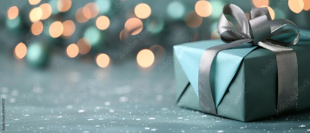 A beautifully wrapped gift box with a silver bow, set against a soft bokeh background, perfect for festive celebrations. A beautifully wrapped gift box with a silver bow, set against a soft bokeh background, perfect for festive celebrations.