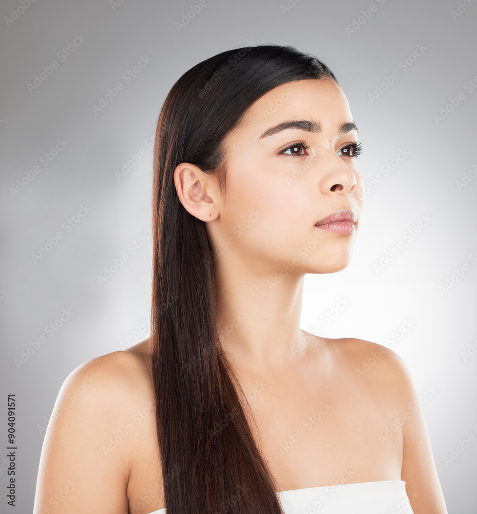 Thinking, hair care or woman with beauty, dermatology or cosmetic on white studio background. Result, person or model with texture, volume or shine with glow, wellness or grooming routine with growth Thinking, hair care or woman with beauty, dermatology or cosmetic on white studio background. Result, person or model with texture, volume or shine with glow, wellness or grooming routine with growth
