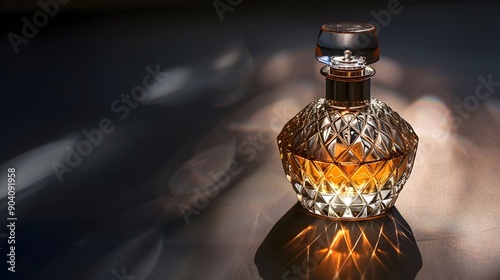 An elegant, unmarked perfume bottle on a shadowy surface with dramatic lighting highlighting its contours