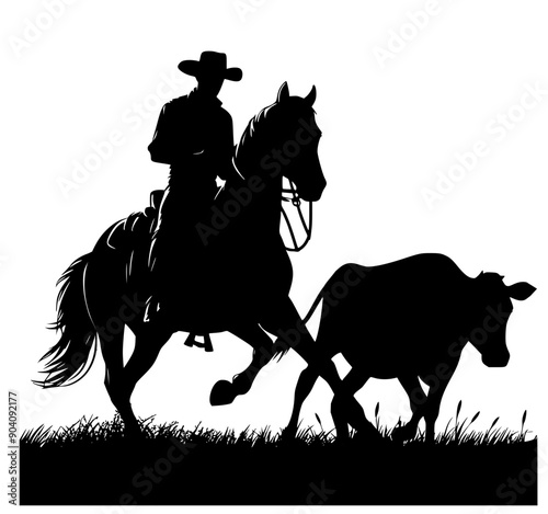 Silhouette cowboy riding a horse herding cow vector 