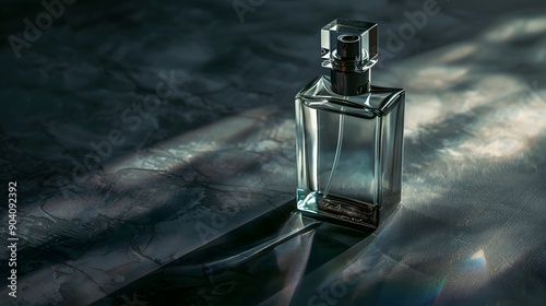 An elegant, unmarked perfume bottle on a shadowy surface with dramatic lighting highlighting its contours