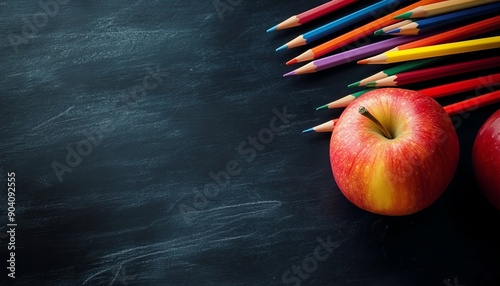 Chalkboard Background with Pencils and Apple on Desk, Back to School Concept, opy space is ideal for educational and back-to-school themed materials. educational, school supplies, classic school scen
 photo