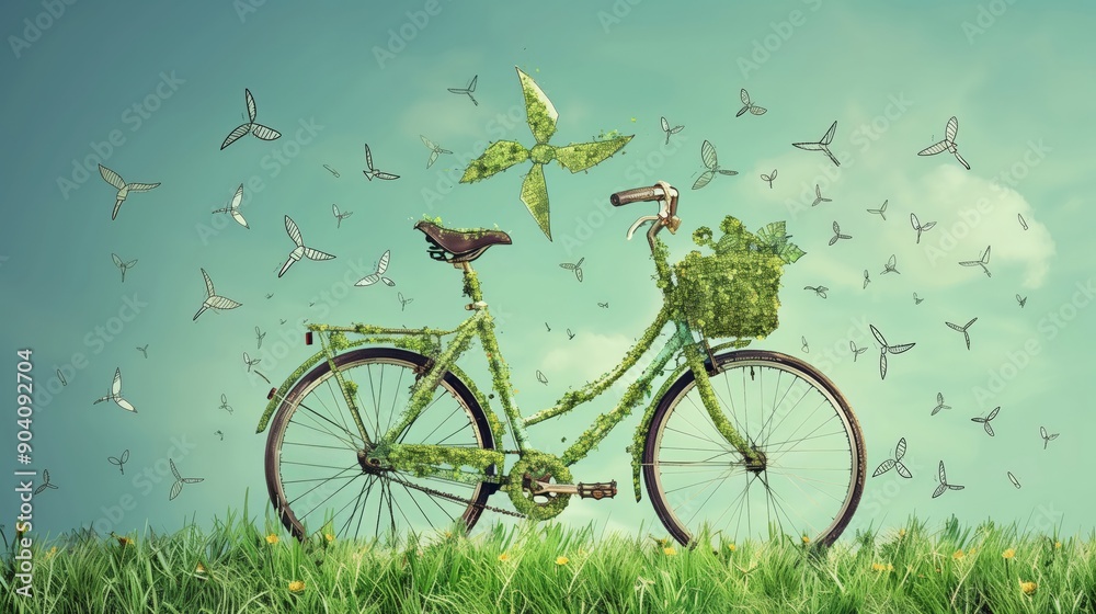 Simple sketch of a bicycle with renewable energy symbols, Green ...