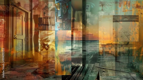 A captivating blend of abstract landscapes and architectural elements  evoking a sense of mystery and exploration.