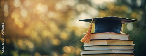 Stack of Books with Graduation Hat, Education Concept, ymbolizing education and university student training for diplomas. The blurred background adds depth, making it ideal for banners or web design