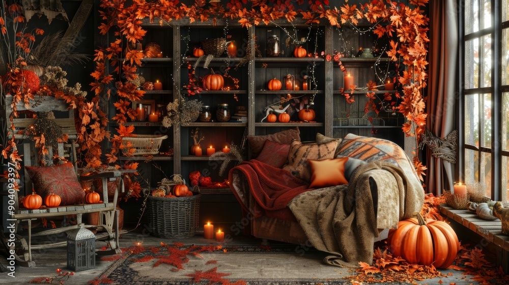 Naklejka premium Warm and cozy home corner with autumn leaf and pumpkin decor for a charming ambiance