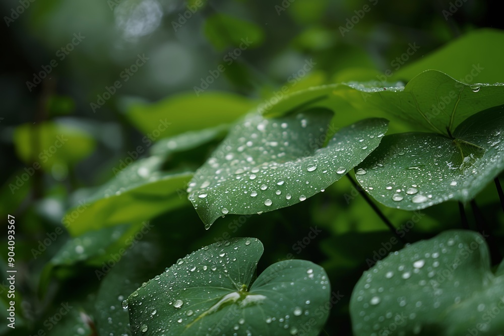 Close-up of green leaves covered in dewdrops, capturing a refreshing and calming morning atmosphere in nature. Close-up of green leaves covered in dewdrops, capturing a refreshing and calming morning atmosphere in nature.
