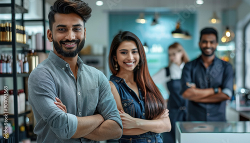 young indian people group standing together at salon